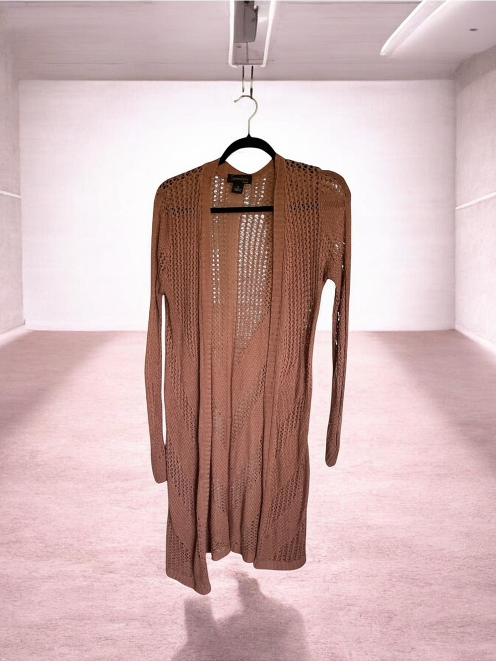 Open-Knit Long Cardigan in Taupe Brown